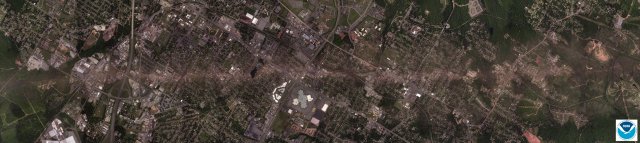 A high resolution satellite image of the damage path through Tuscaloosa County. Credit: NOAA